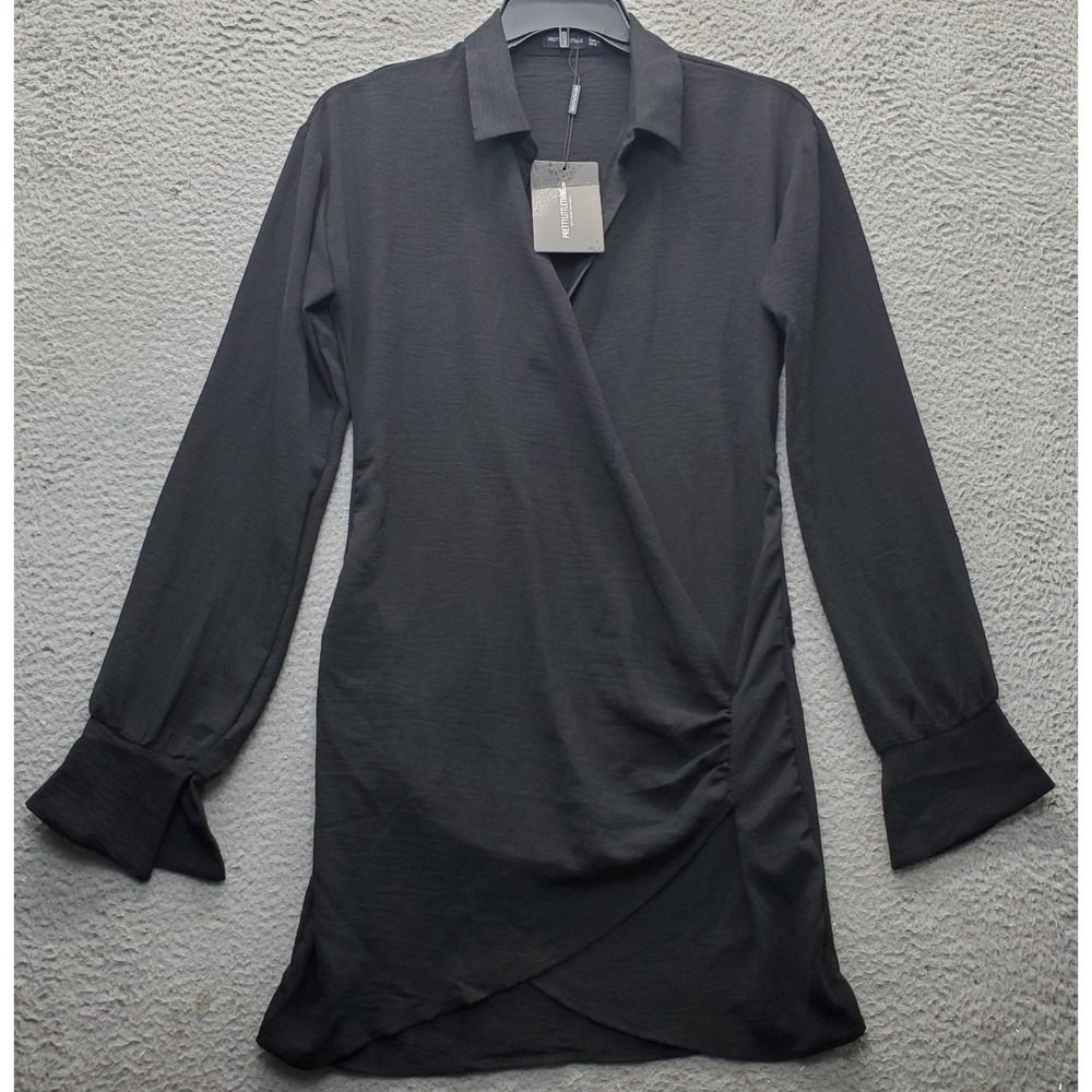 PRETTYLITTLETHING Shirt Dress Women's 6 Black Long Sleeve Collared Ruched Side